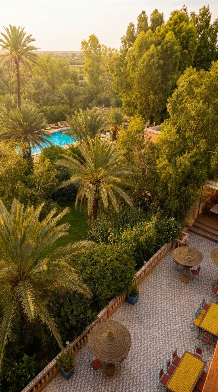 Gardens, pool and mosaic terrace seen from the tower