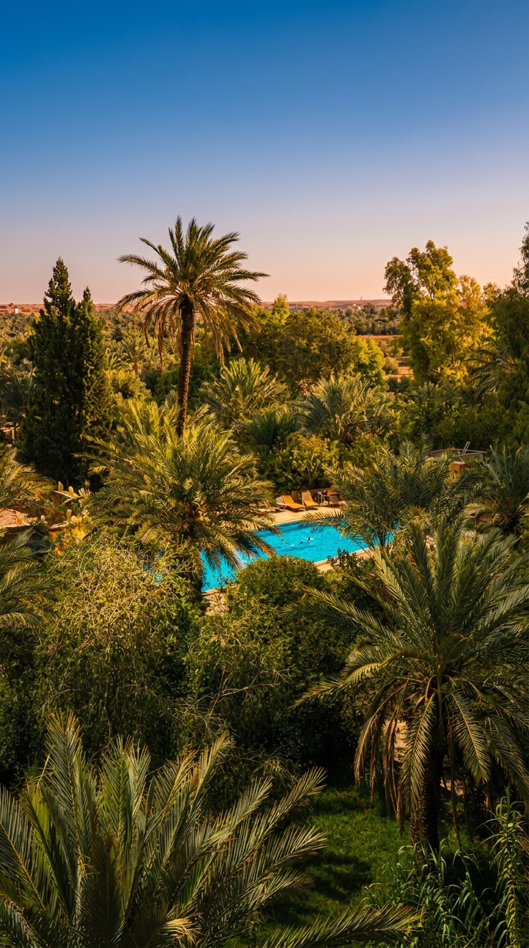 Aerial view at dusk — the turquoise pool deep in the palm grove