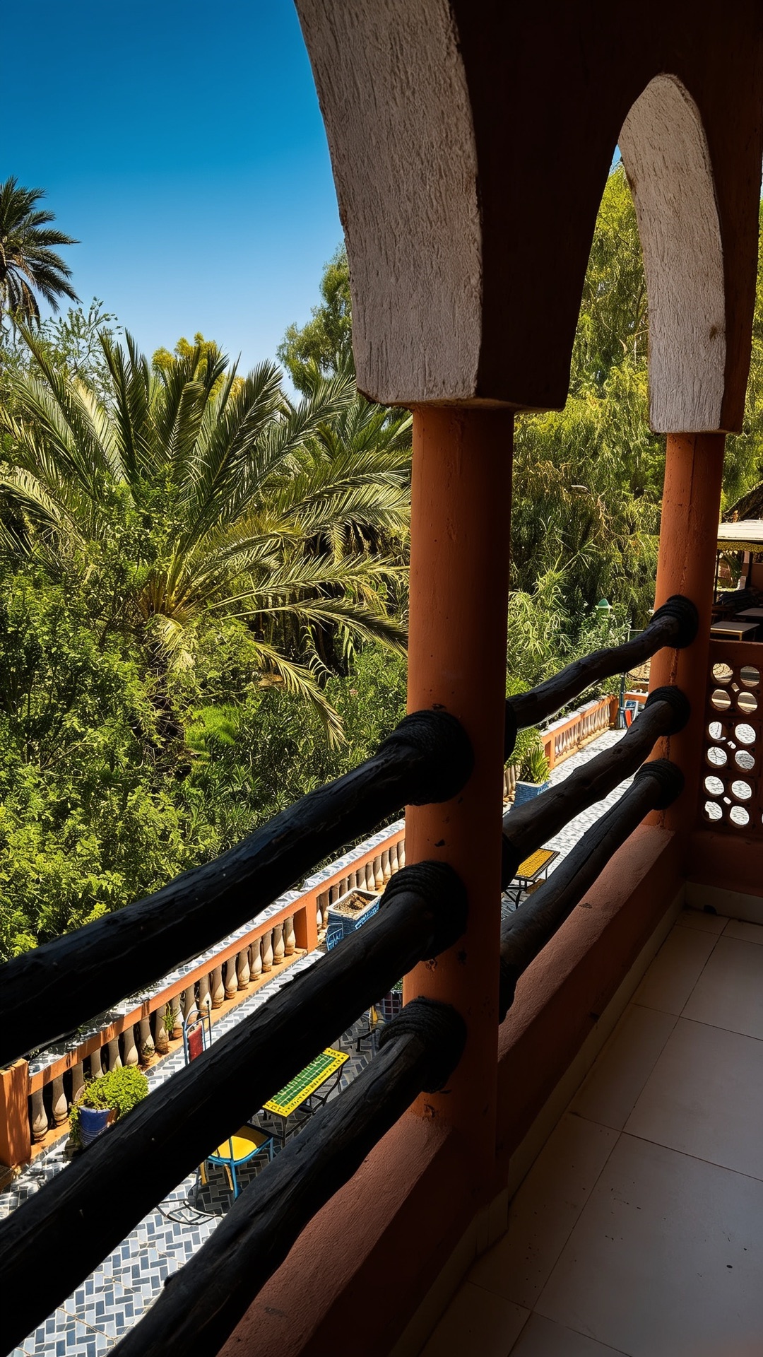 Arched balcony looking over the palm grove