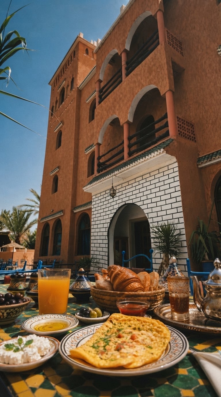 Breakfast of msemen, orange juice and mint tea on the terrace below the kasbah