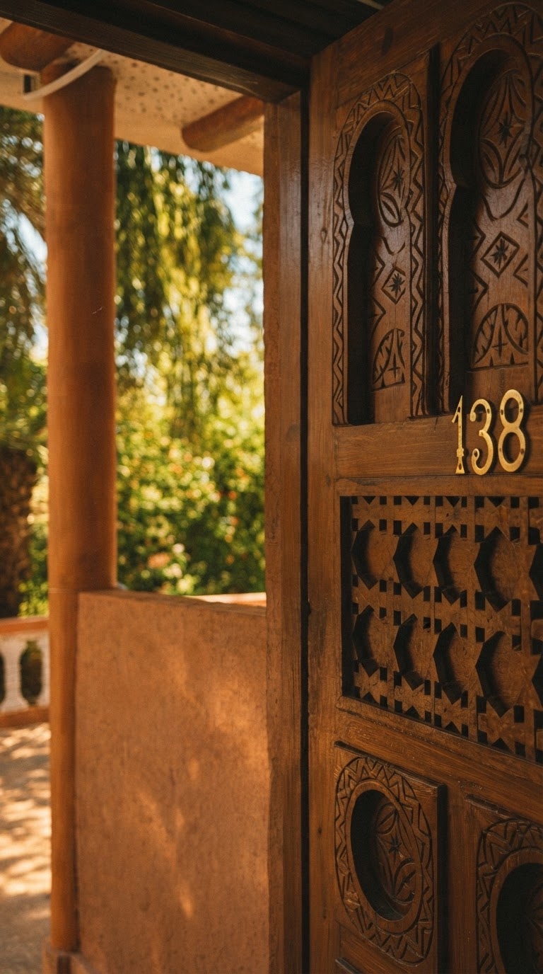 Hand-carved cedar room door opening onto the garden gallery