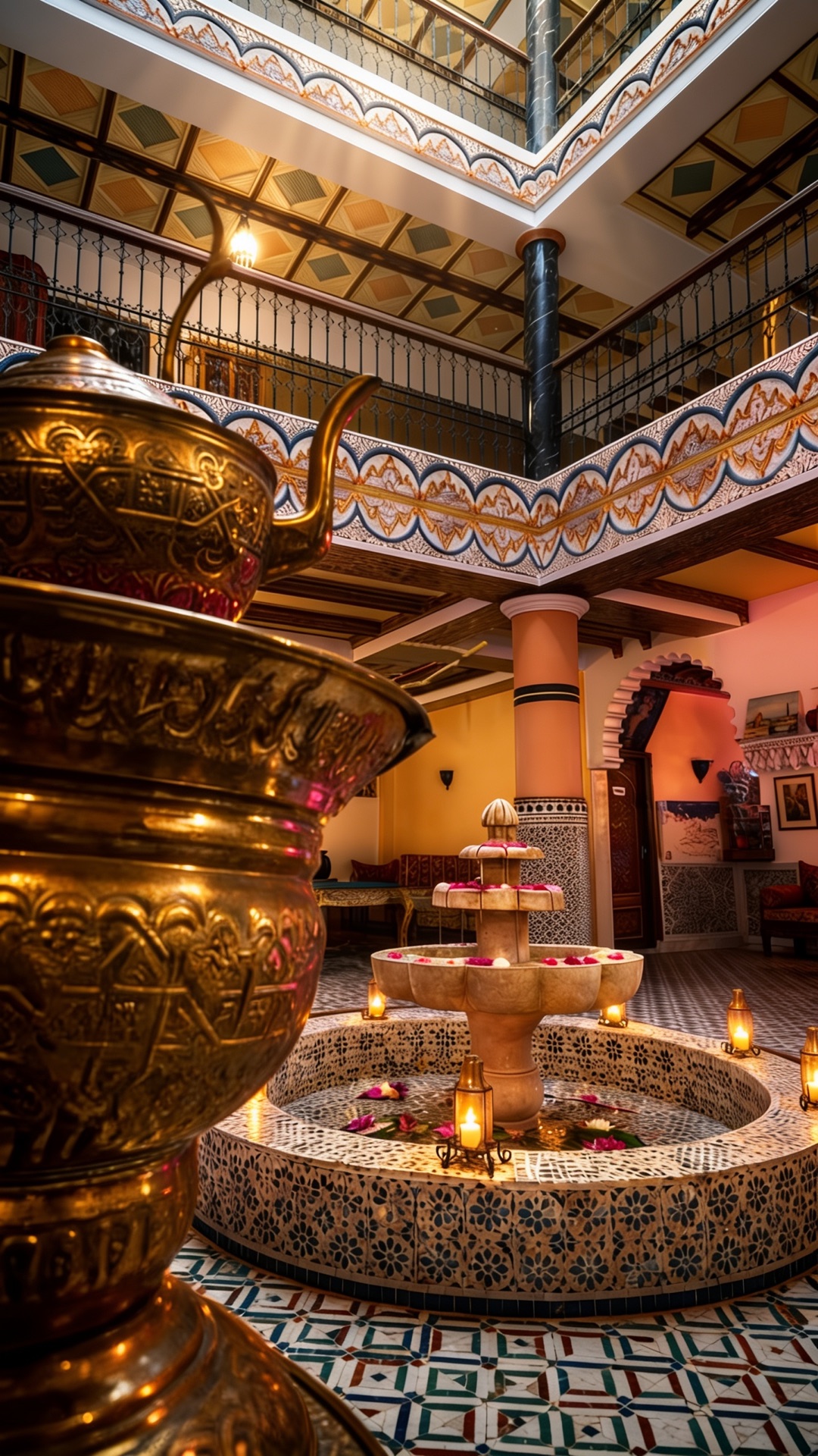Brass samovar beside the mosaic fountain in the courtyard