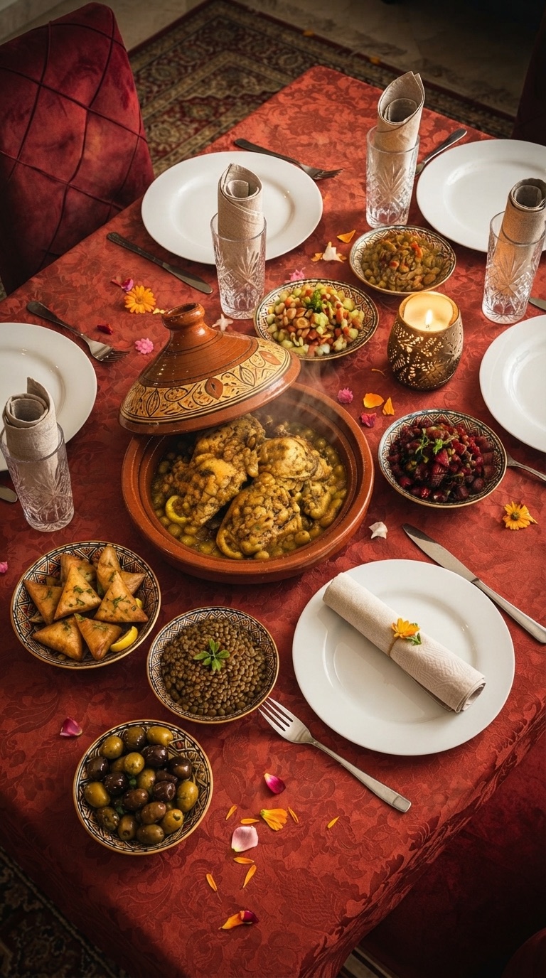 Chicken tagine with lemon and olives served with Moroccan salads