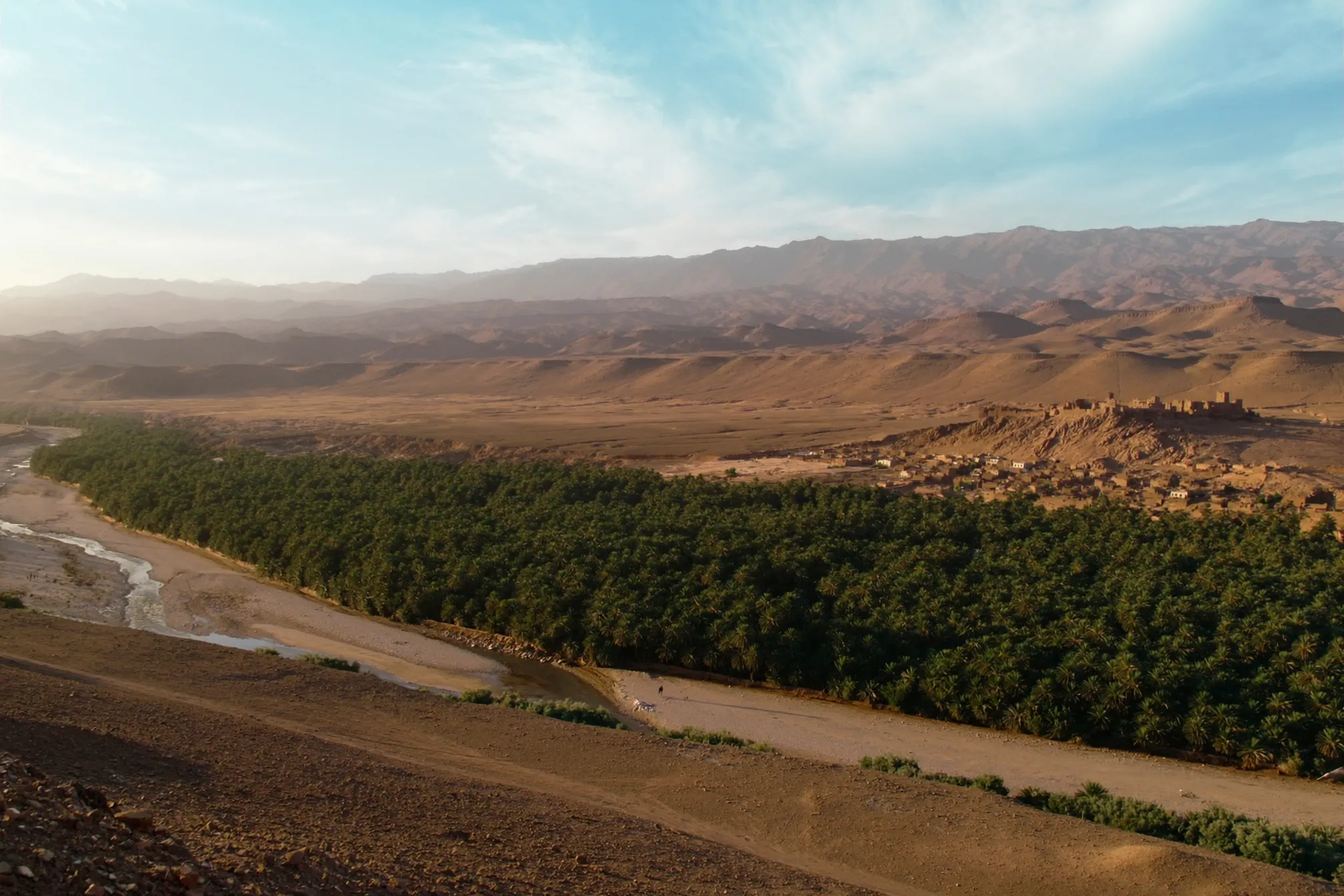Palm groves of the Draa Valley winding between desert mountains