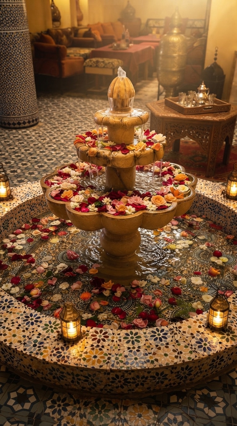 Tiered courtyard fountain filled with rose petals and lanterns