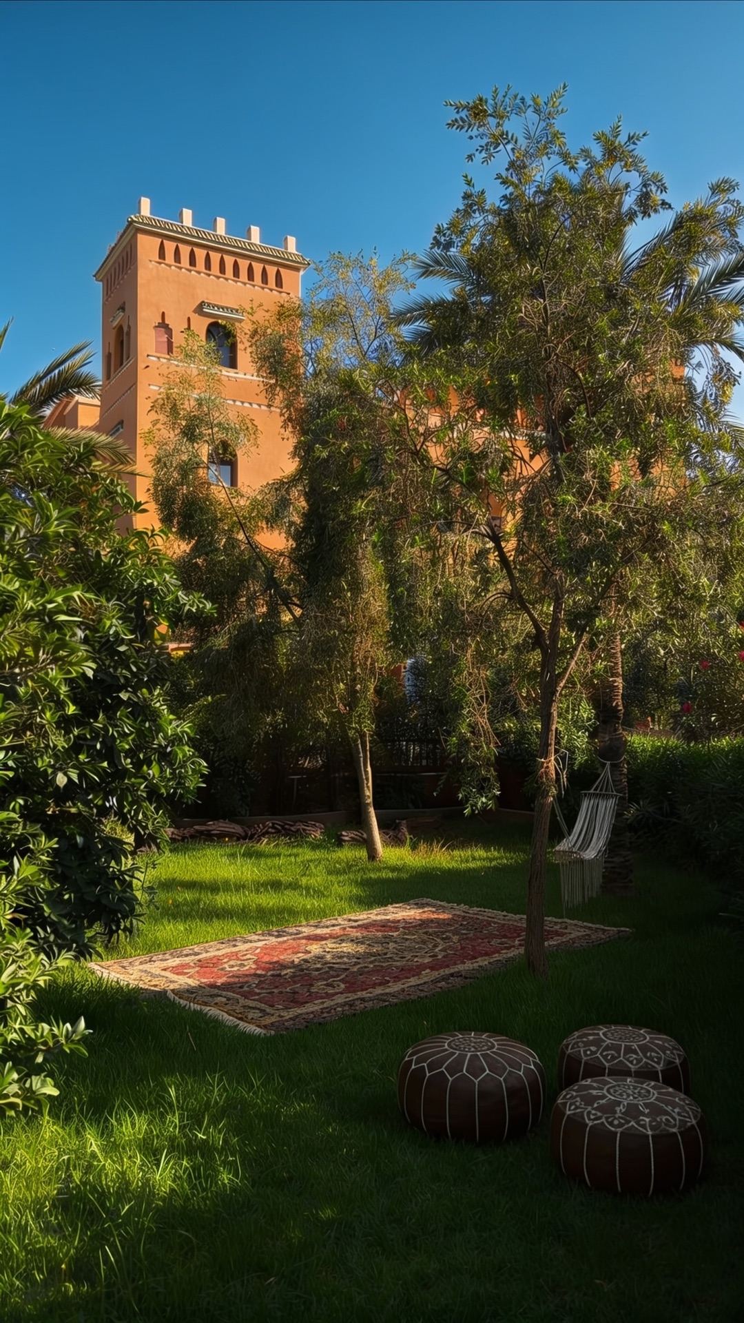 Lawn and berber rug in the gardens beneath the kasbah tower
