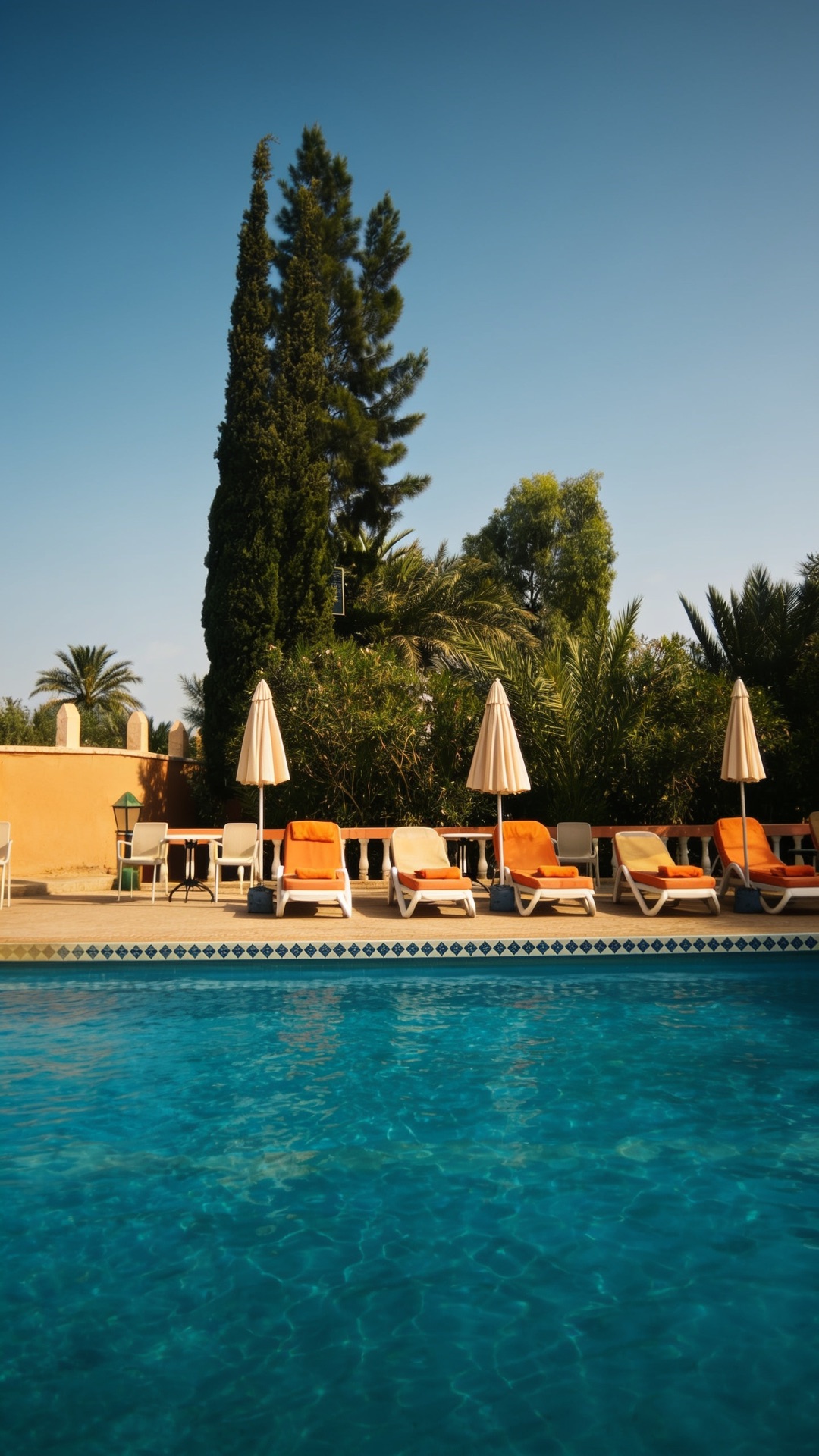 Sun loungers and parasols along the palm-fringed pool