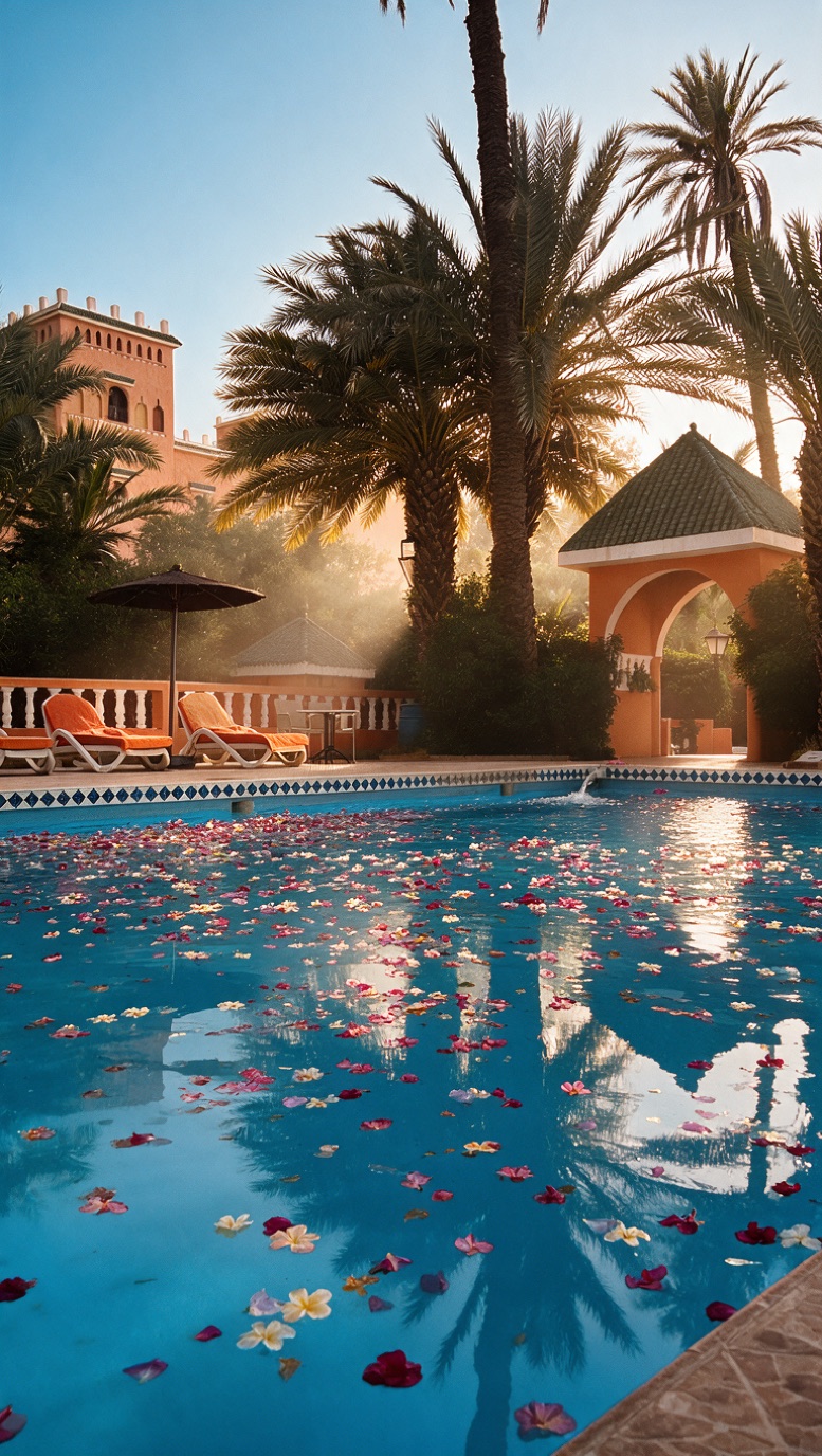 Rose petals scattered across the pool at dawn