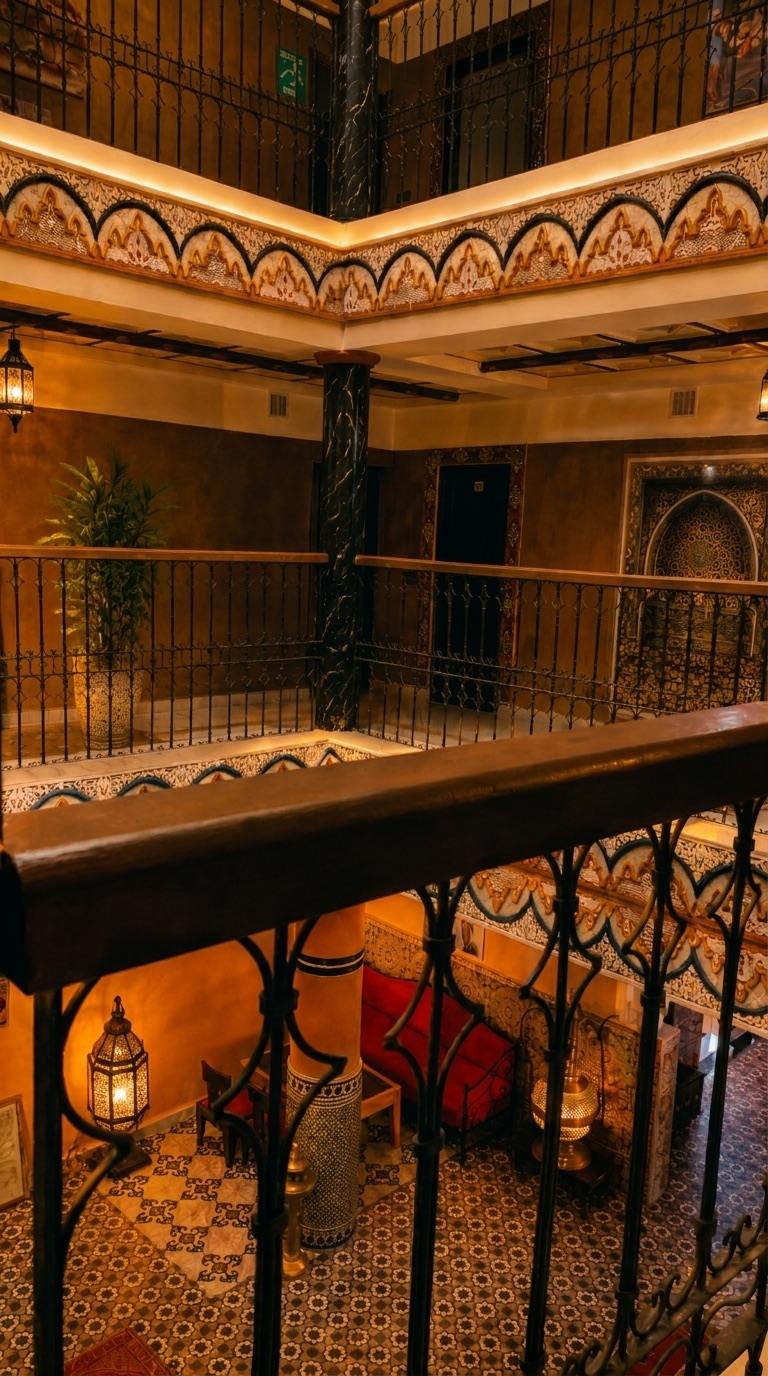 Galleried atrium with wrought iron balustrades and zellige floors