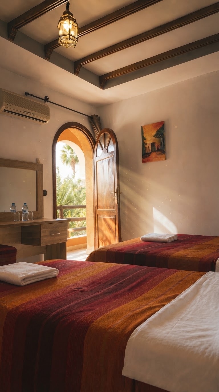 Twin room with woven blankets and an arched door to the balcony