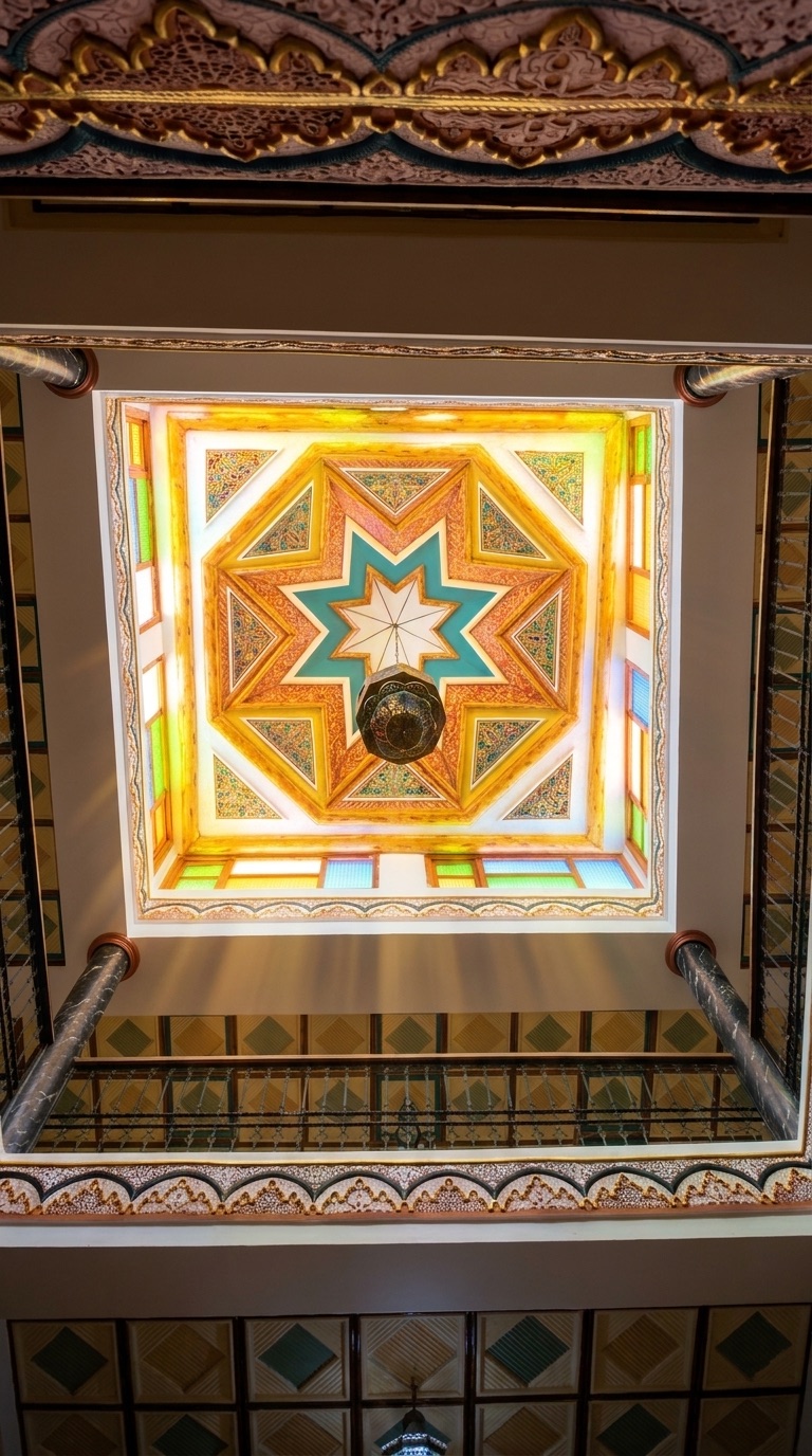 Stained glass dome ceiling with an eight-pointed star